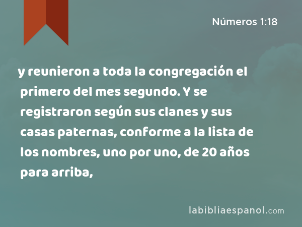 y reunieron a toda la congregación el primero del mes segundo. Y se registraron según sus clanes y sus casas paternas, conforme a la lista de los nombres, uno por uno, de 20 años para arriba, - Números 1:18