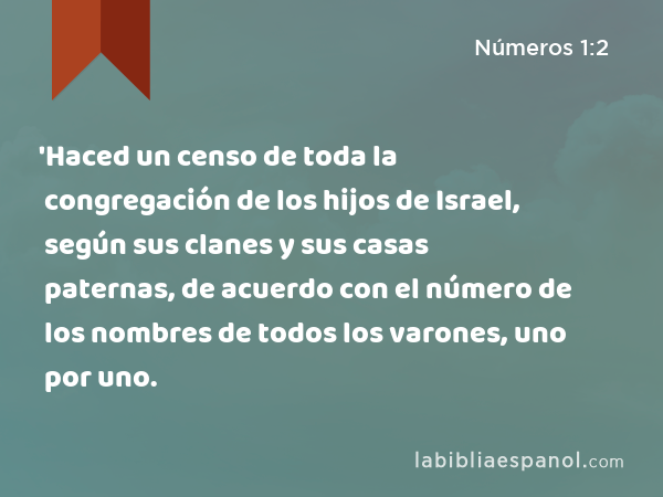 'Haced un censo de toda la congregación de los hijos de Israel, según sus clanes y sus casas paternas, de acuerdo con el número de los nombres de todos los varones, uno por uno. - Números 1:2