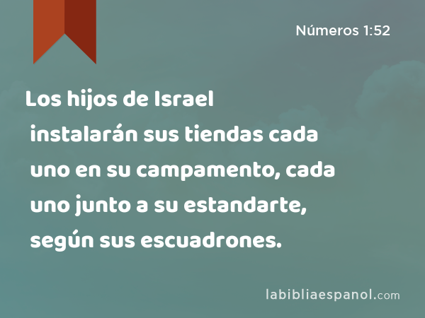 Los hijos de Israel instalarán sus tiendas cada uno en su campamento, cada uno junto a su estandarte, según sus escuadrones. - Números 1:52