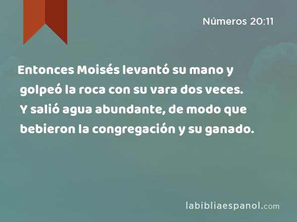 Entonces Moisés levantó su mano y golpeó la roca con su vara dos veces. Y salió agua abundante, de modo que bebieron la congregación y su ganado. - Números 20:11