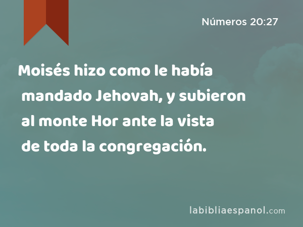 Moisés hizo como le había mandado Jehovah, y subieron al monte Hor ante la vista de toda la congregación. - Números 20:27