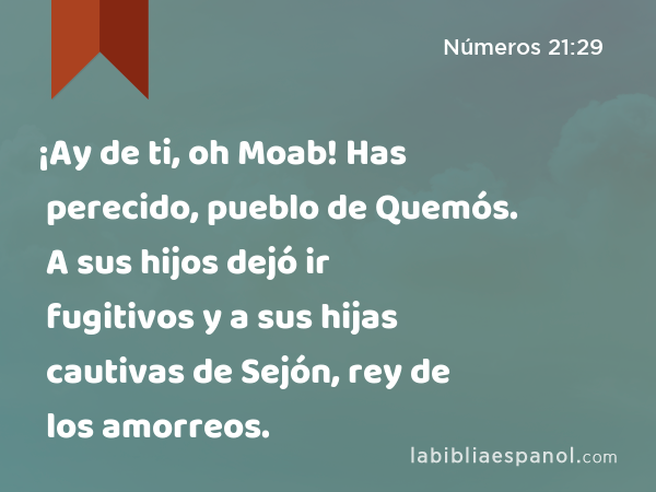 ¡Ay de ti, oh Moab! Has perecido, pueblo de Quemós. A sus hijos dejó ir fugitivos y a sus hijas cautivas de Sejón, rey de los amorreos. - Números 21:29