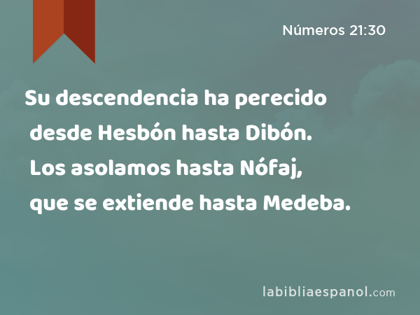 Su descendencia ha perecido desde Hesbón hasta Dibón. Los asolamos hasta Nófaj, que se extiende hasta Medeba. - Números 21:30