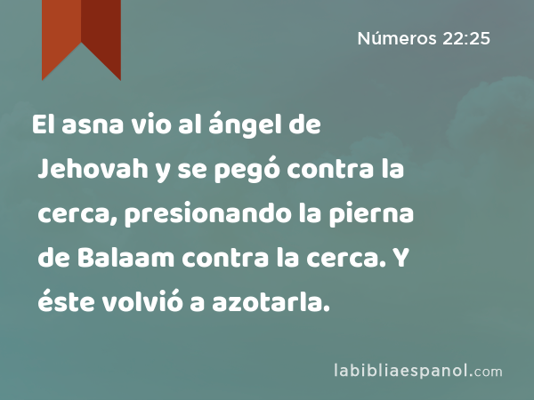 El asna vio al ángel de Jehovah y se pegó contra la cerca, presionando la pierna de Balaam contra la cerca. Y éste volvió a azotarla. - Números 22:25