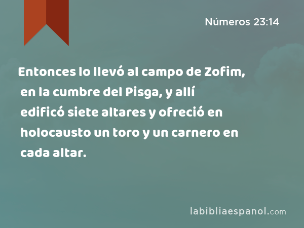 Entonces lo llevó al campo de Zofim, en la cumbre del Pisga, y allí edificó siete altares y ofreció en holocausto un toro y un carnero en cada altar. - Números 23:14