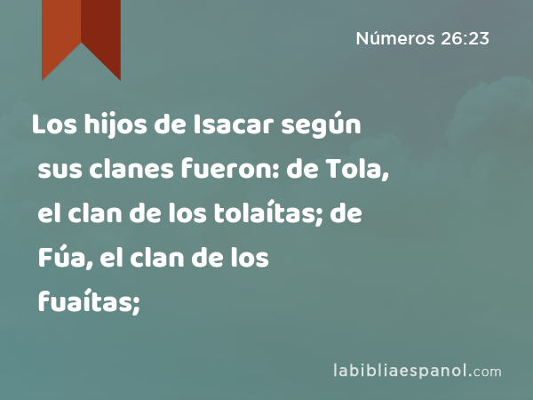 Los hijos de Isacar según sus clanes fueron: de Tola, el clan de los tolaítas; de Fúa, el clan de los fuaítas; - Números 26:23