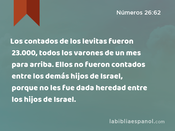 Los contados de los levitas fueron 23.000, todos los varones de un mes para arriba. Ellos no fueron contados entre los demás hijos de Israel, porque no les fue dada heredad entre los hijos de Israel. - Números 26:62