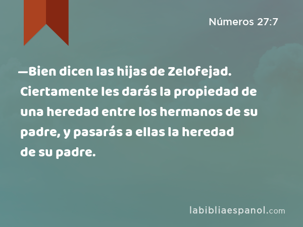 —Bien dicen las hijas de Zelofejad. Ciertamente les darás la propiedad de una heredad entre los hermanos de su padre, y pasarás a ellas la heredad de su padre. - Números 27:7