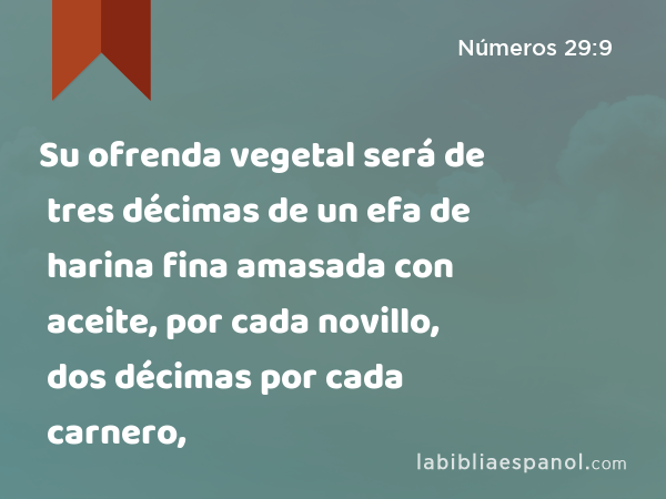 Su ofrenda vegetal será de tres décimas de un efa de harina fina amasada con aceite, por cada novillo, dos décimas por cada carnero, - Números 29:9