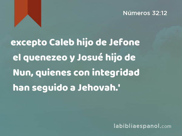 excepto Caleb hijo de Jefone el quenezeo y Josué hijo de Nun, quienes con integridad han seguido a Jehovah.' - Números 32:12