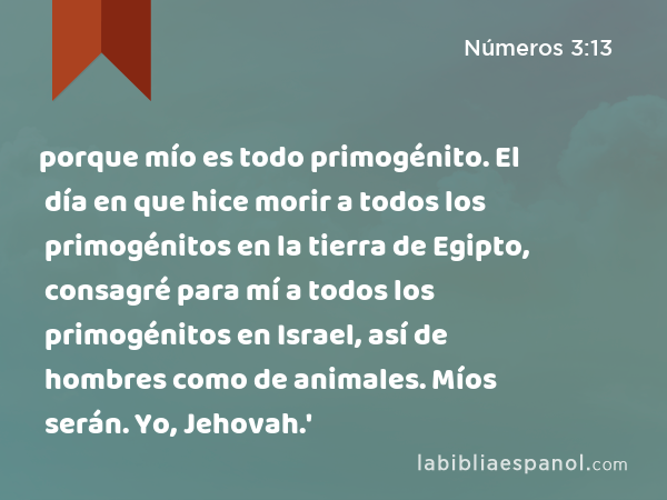 porque mío es todo primogénito. El día en que hice morir a todos los primogénitos en la tierra de Egipto, consagré para mí a todos los primogénitos en Israel, así de hombres como de animales. Míos serán. Yo, Jehovah.' - Números 3:13