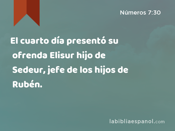 El cuarto día presentó su ofrenda Elisur hijo de Sedeur, jefe de los hijos de Rubén. - Números 7:30