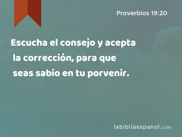 Escucha el consejo y acepta la corrección, para que seas sabio en tu porvenir. - Proverbios 19:20