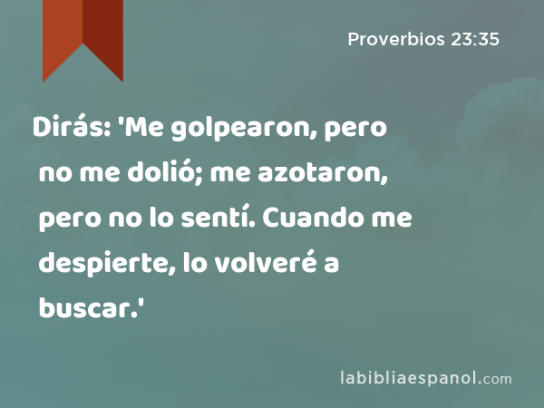 Dirás: 'Me golpearon, pero no me dolió; me azotaron, pero no lo sentí. Cuando me despierte, lo volveré a buscar.' - Proverbios 23:35