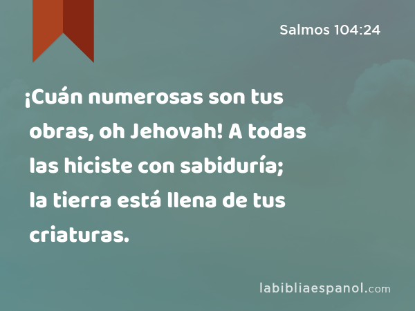 ¡Cuán numerosas son tus obras, oh Jehovah! A todas las hiciste con sabiduría; la tierra está llena de tus criaturas. - Salmos 104:24