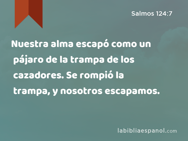 Nuestra alma escapó como un pájaro de la trampa de los cazadores. Se rompió la trampa, y nosotros escapamos. - Salmos 124:7