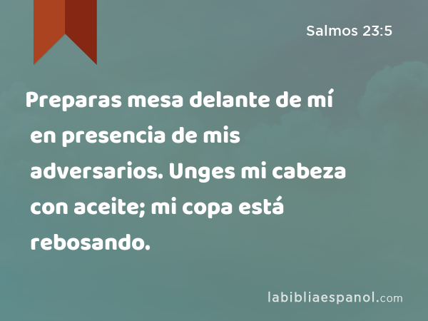 Preparas mesa delante de mí en presencia de mis adversarios. Unges mi cabeza con aceite; mi copa está rebosando. - Salmos 23:5