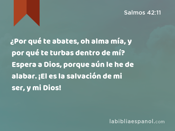 ¿Por qué te abates, oh alma mía, y por qué te turbas dentro de mí? Espera a Dios, porque aún le he de alabar. ¡El es la salvación de mi ser, y mi Dios! - Salmos 42:11