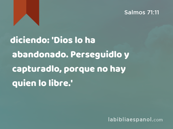 diciendo: 'Dios lo ha abandonado. Perseguidlo y capturadlo, porque no hay quien lo libre.' - Salmos 71:11