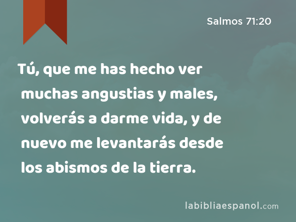 Tú, que me has hecho ver muchas angustias y males, volverás a darme vida, y de nuevo me levantarás desde los abismos de la tierra. - Salmos 71:20