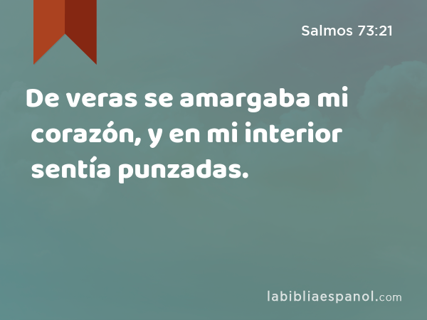 De veras se amargaba mi corazón, y en mi interior sentía punzadas. - Salmos 73:21