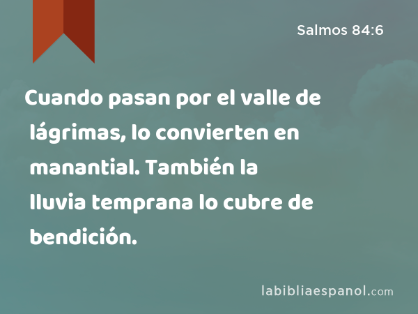 Cuando pasan por el valle de lágrimas, lo convierten en manantial. También la lluvia temprana lo cubre de bendición. - Salmos 84:6