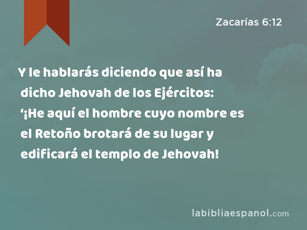 Y le hablarás diciendo que así ha dicho Jehovah de los Ejércitos: ‘¡He aquí el hombre cuyo nombre es el Retoño brotará de su lugar y edificará el templo de Jehovah! - Zacarías 6:12